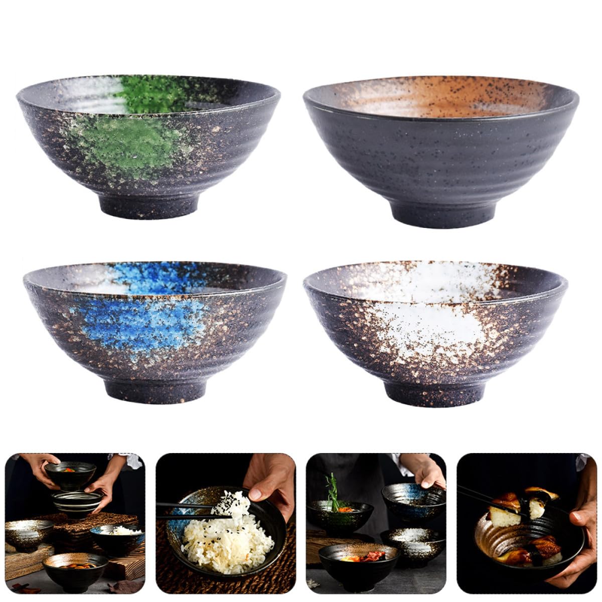 Luxshiny Tazones de Cerámica Japoneses Fáciles de Limpiar Juego de 4 Aptos para Comidas Frías y Calientes, Estilo Japonés Color Aleatorio para Ramen y Arroz