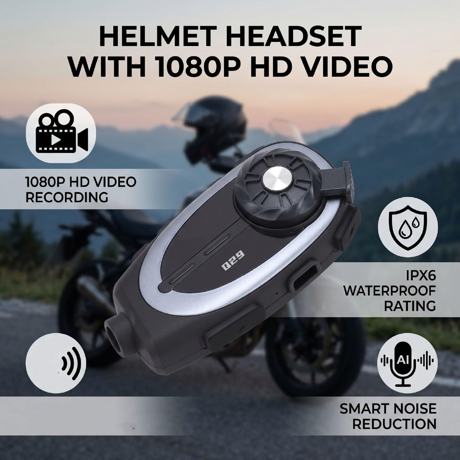 Auricolare per Casco Moto Bluetooth, Fotocamera 1080P con Cancellazione del Rumore IPX6 Impermeabile con Altoparlanti Microfono per Casco Moto