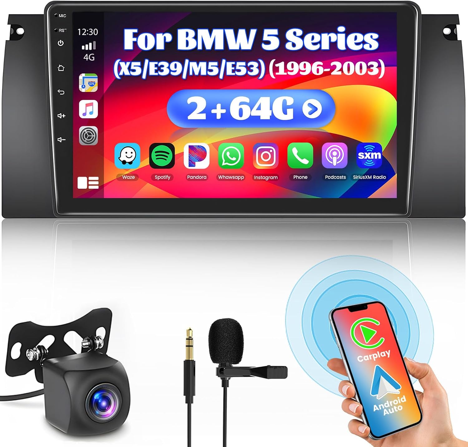 Inefala 2 + 64G Android 15 CarPlay Radio for BMW 5 Series 528i 540i 530i 525i 1996-2007 9 Inch Touchscreen with CarPlay and Android Car Support GPS Navigation Link Mirror RDS AHD DSP
