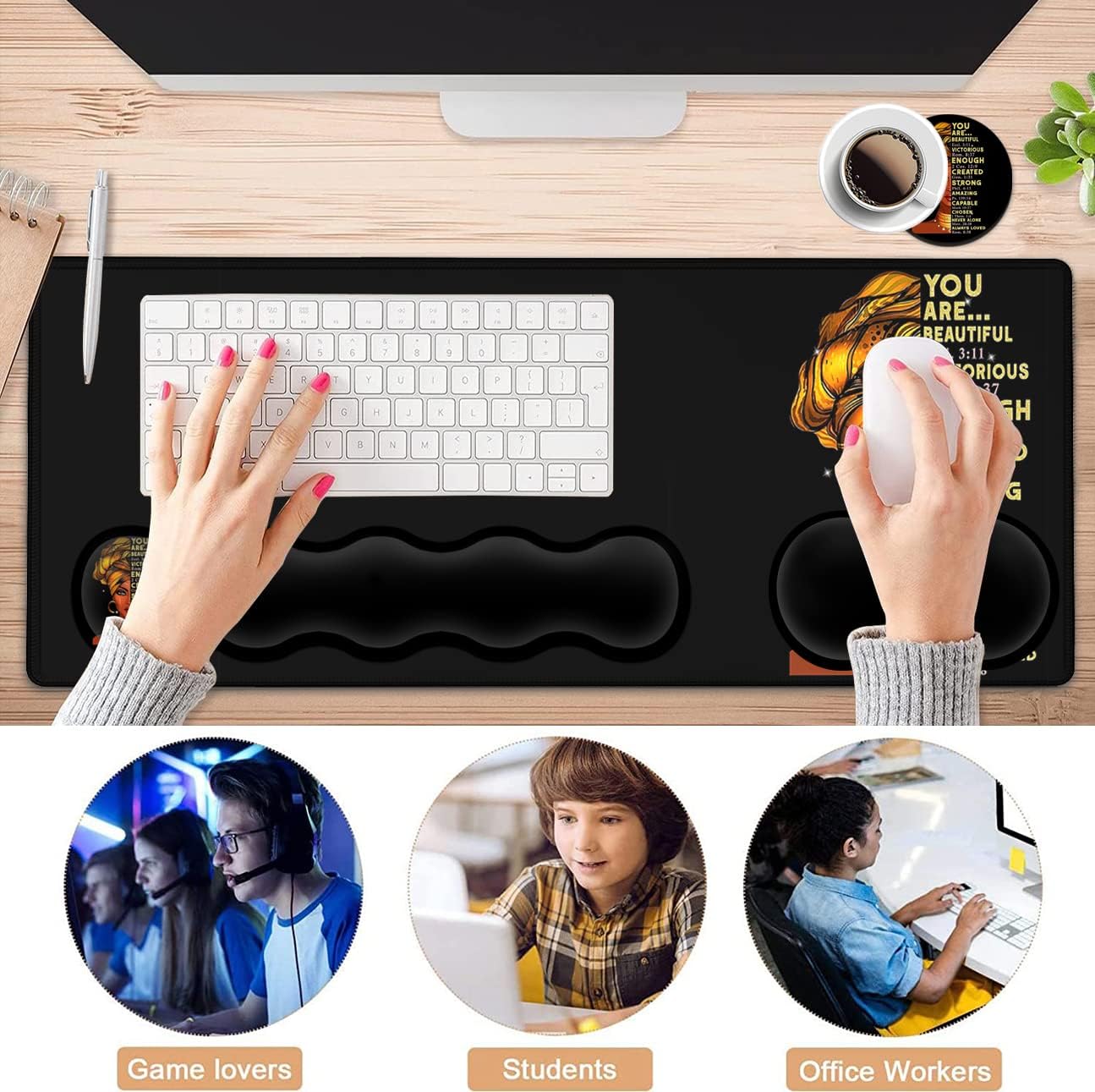 Large Mouse Pad with Wrist Support Ergonomic Memory Foam Keyboard Wrist Support & Non-Slip Mouse Wrist Rest,Extended Gaming Mouse Pads,for Laptop Office Desk Mat African Art Black Queen Anime Pattern