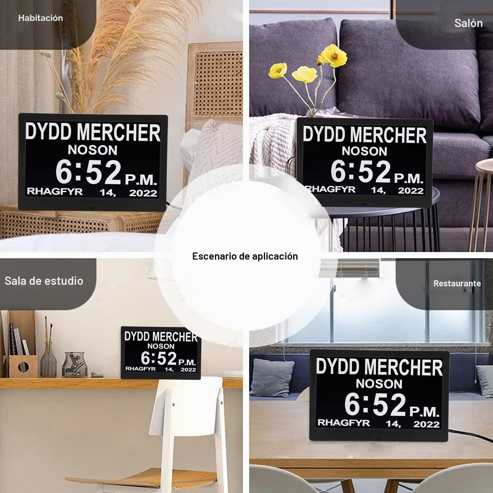 Fockety Reloj digital grande de 10 pulgadas para demencia con 5 alarmas personalizadas, calendario digital regulable, con día y fecha para enfermedades (enchufe europeo)