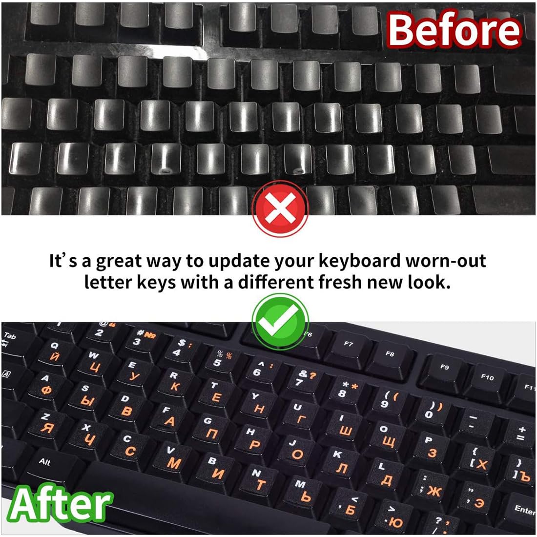Lot De 2 Autocollants Pour Clavier Russe (bilingue Anglais-russe) - Fond Noir, Caractères Vert Et Orange - Compatible PC Portable Et Bureau