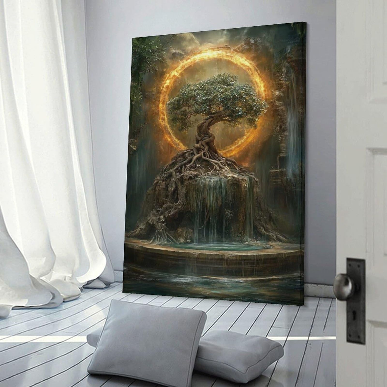 Junmoney Wall Art Print Mystical Tree with Fire Ring, 16x24inch(40x60cm), for Hallway, Bedroom Or Modern Interiors, Thoughtful Wall Decor for Art Lovers