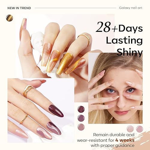 Miniatura 4 de Modelones Juego de 6 esmaltes de uñas de gel con diseño de ojo de gato, color nude con brillantina, impresionante brillo morado oscuro, dorado,