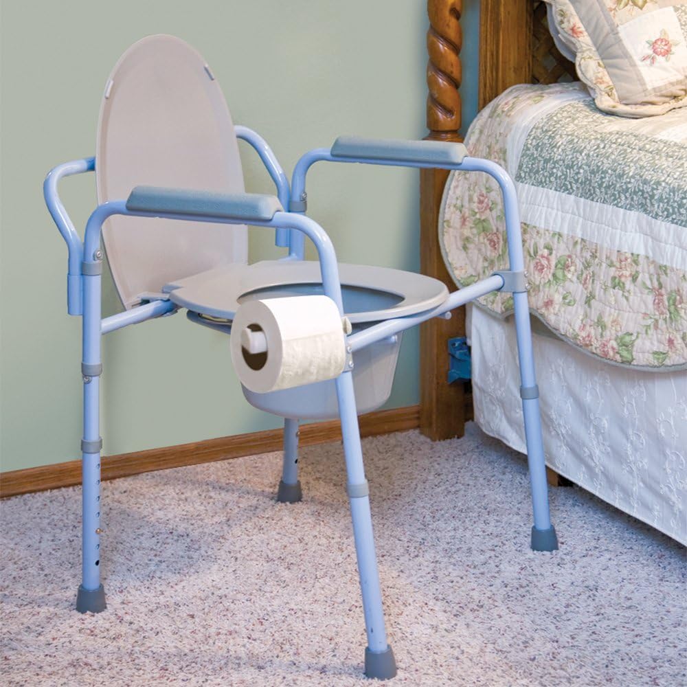 Carex 3-in-1 Folding Bedside Commode and Raised Toilet Seat, Portable Toilet Supports Up to 300lbs, Bedside Commodes for Seniors, Adult Potty Chair with Bucket, Lid, and Splash Guard