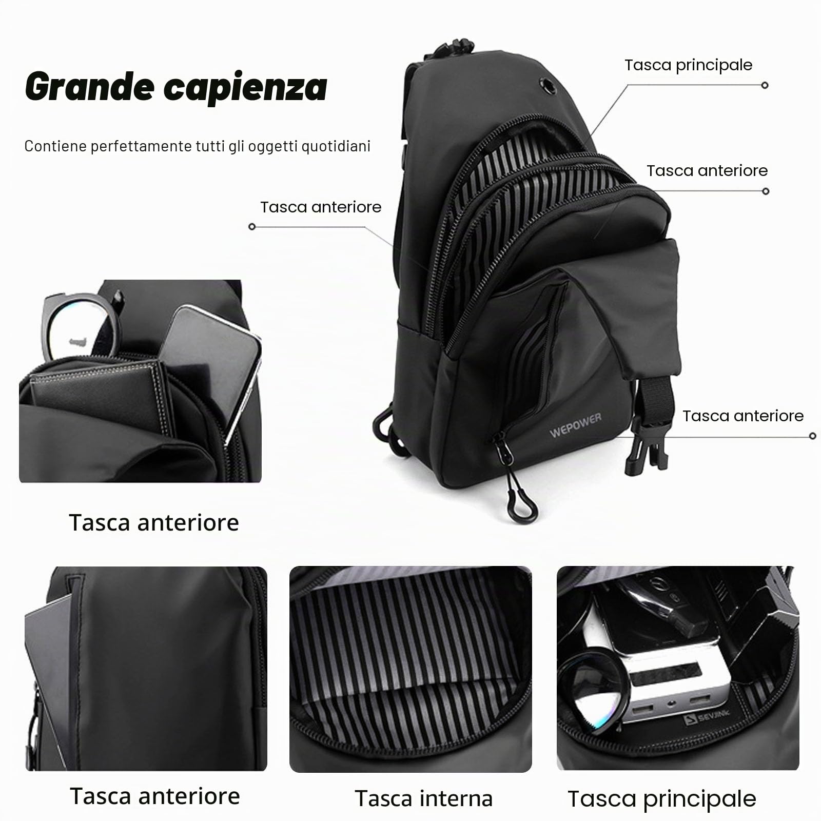 FANDARE Zaino Monospalla Borsello Uomo Tracolla con Foro per Auricolari & USB - Marsupio Borsa a Spalla Blu Scuro