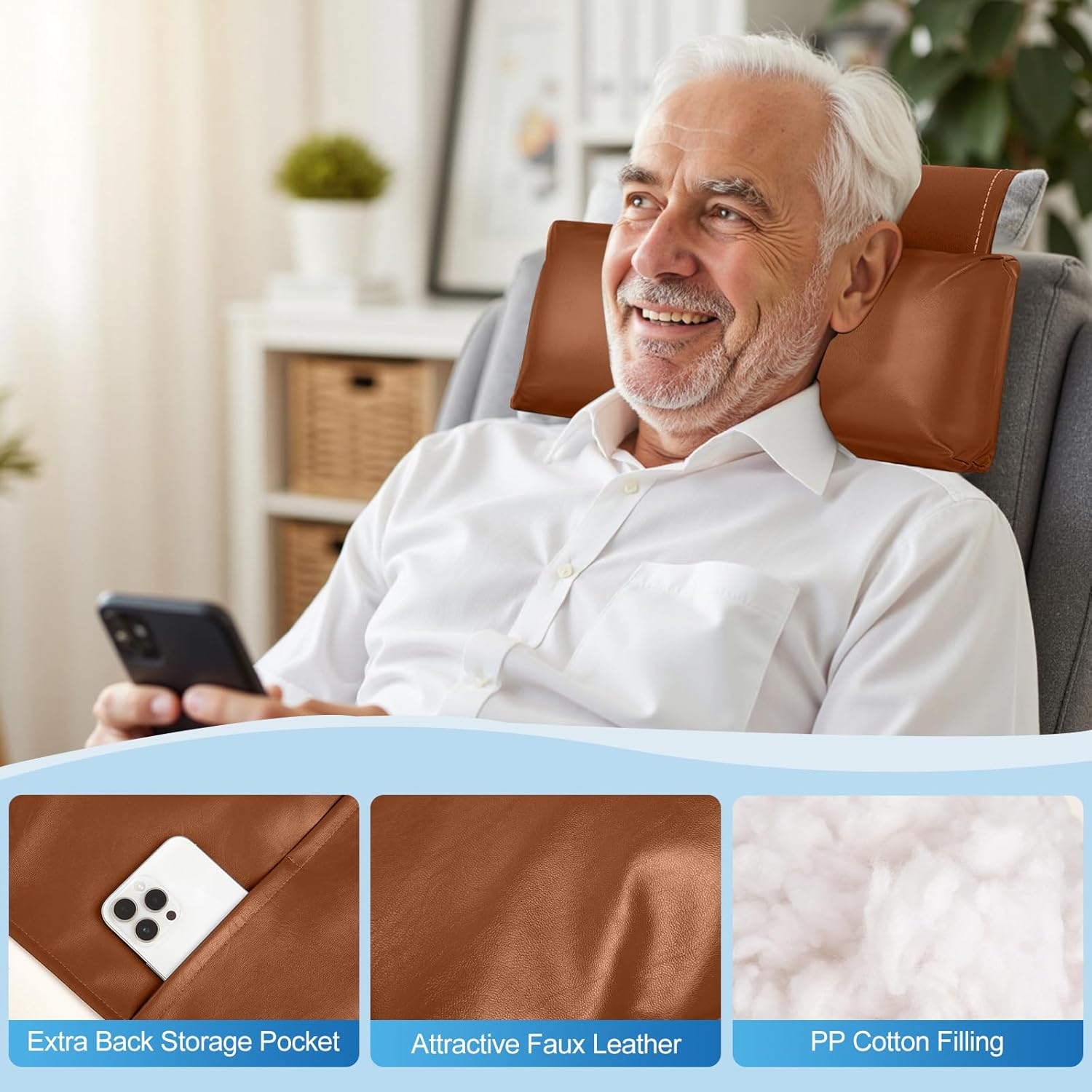 Leather Recliner Pillow, Adjustable Neck & Head Support Pillow, Pu Leather Non-Slip Headrest for Pain Relief & Relaxation, Ideal for Recliner Chair, Couch, Office Chair, Sofa