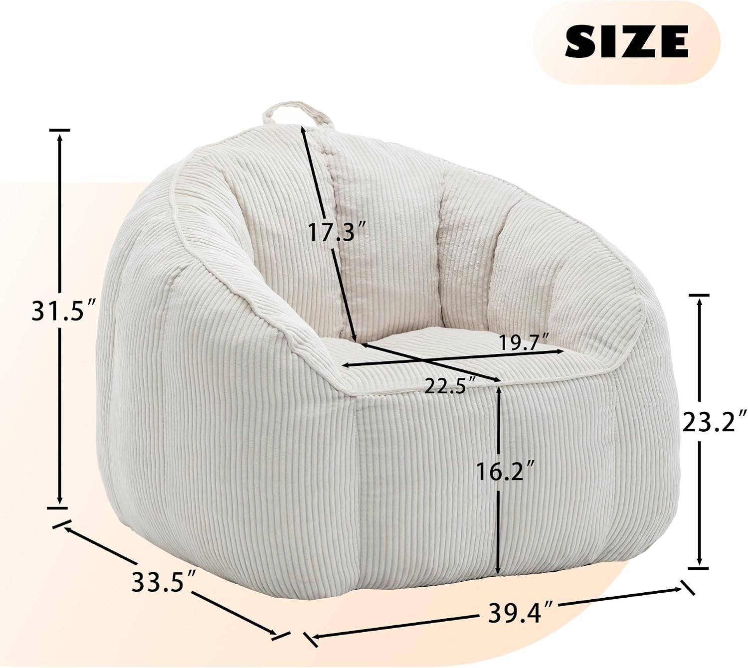 Giant Bean Bag Chair Sofa for Adults Teens, Comfy Corduroy Large Bean Bag with Armrests, Filler Included, Lazy Sofa Couch for Bedroom Living Room(Beige)