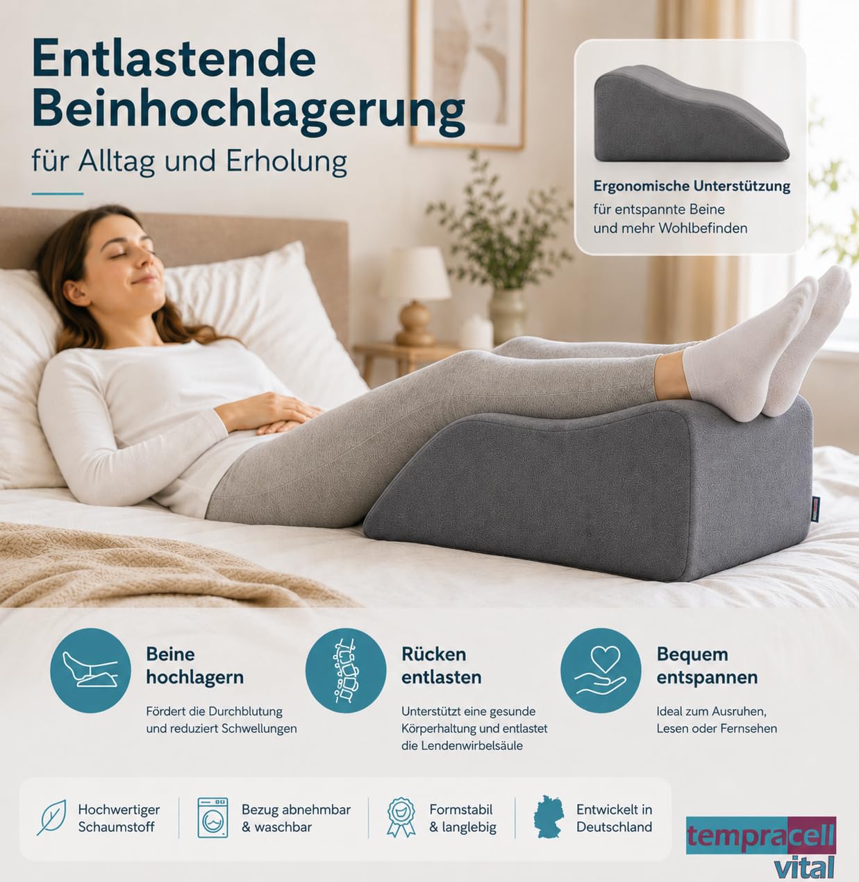 Venenkissen, Venenkeil, Beinhochlagerung – ergonomisch, orthopädisch unterstützende Wellenform, bei schweren Beinen - Beinkissen aus Schaumstoff, Größe: 60 x 45 x 32cm