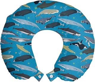 Lunarable Under The Sea Travel Pillow Neck Rest, Whales Swimming in The Ocean Giants of Underwater Regions Marine Mammals, Memory Foam Traveling Accessory for Airplane and Car, 12", Multicolor