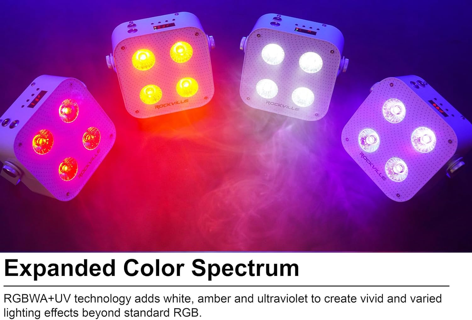Rockville 8 Pack MINI RF4 V2 White LED Par Wash Up Lights with Charging Case, RGBWA+UV, App, Wireless DMX, Rechargeable, Perfect for DJ/Events