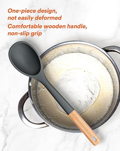 Miniatura 3 de Cucharas de cocina grandes de silicona, cuchara antiadherente con mango de madera maciza, cucharas de cocina de silicona resistentes al calor para