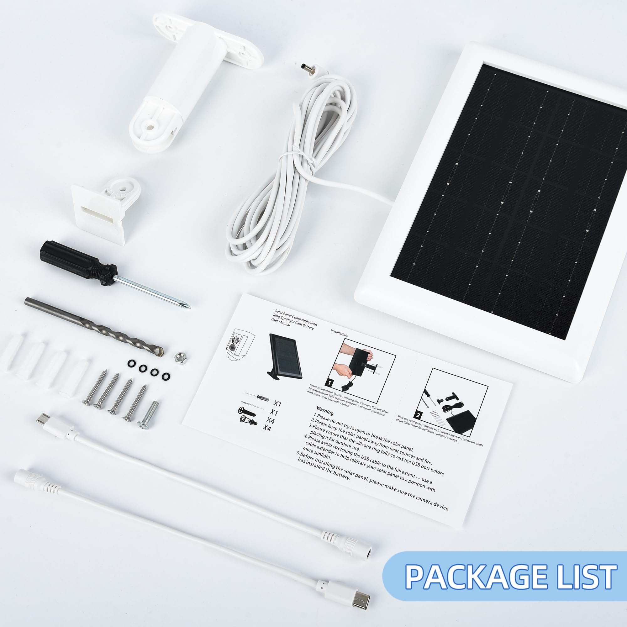 Caricatore per pannello solare per batteria della fotocamera ad anello, compatibile con telecamera ad anello riflettore/cam, uso esterno, bianco, 2 pezzi, cavo da 5 m