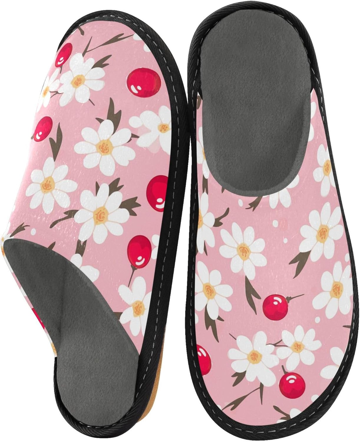 Daisy Flower Cherry House Slippers – Cozy Fuzzy Slippers for Guests, Washable & Disposable, Perfect for Shoeless Home, Spa & Hotel Use A110825