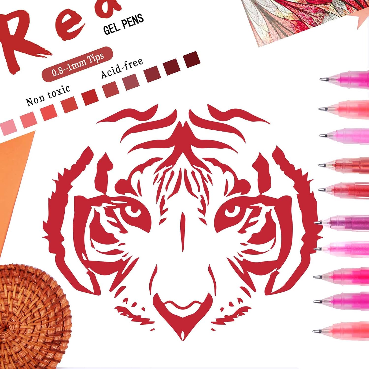 24 Color Red Pink Gel Pens,Glitter Metallic Crystal Pastel Fine Tip Pens with 150% More Ink Write Smooth for Adults Coloring Books Drawing Doodling Scrapbooks Bullet Journaling