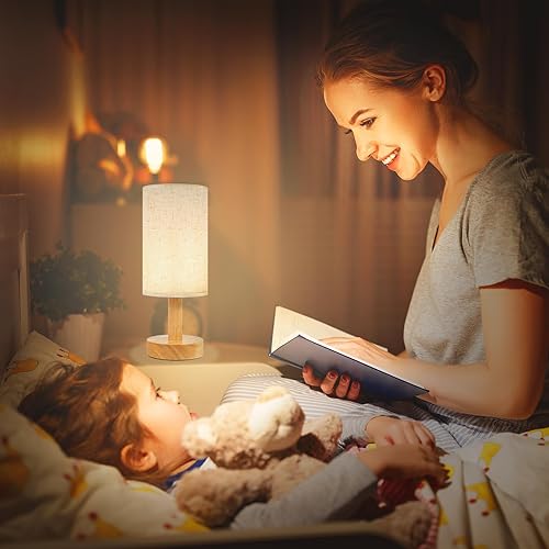 Miniatura 3 de Lámpara de mesita de noche pequeña para dormitorio, base de madera redonda natural y pantalla de lino de tela, acogedora luz de mesa nocturna para