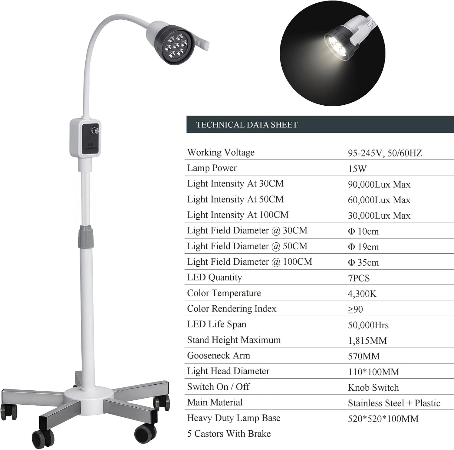15W Mobile Floor Standing Dental LED Exam Light Flexible Adjusting Auxiliary Operating Light JD1000L