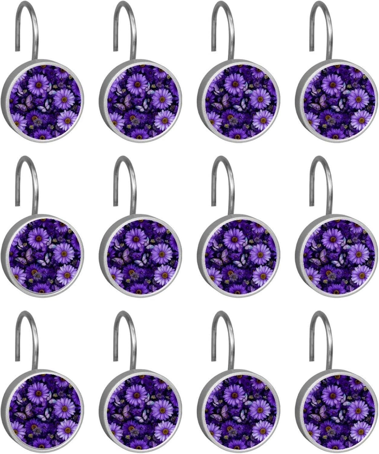 12 Pcs Stainless Steel Shower Curtain Hooks for Shower Curtain, Daisy Butterflies Purple (3)
