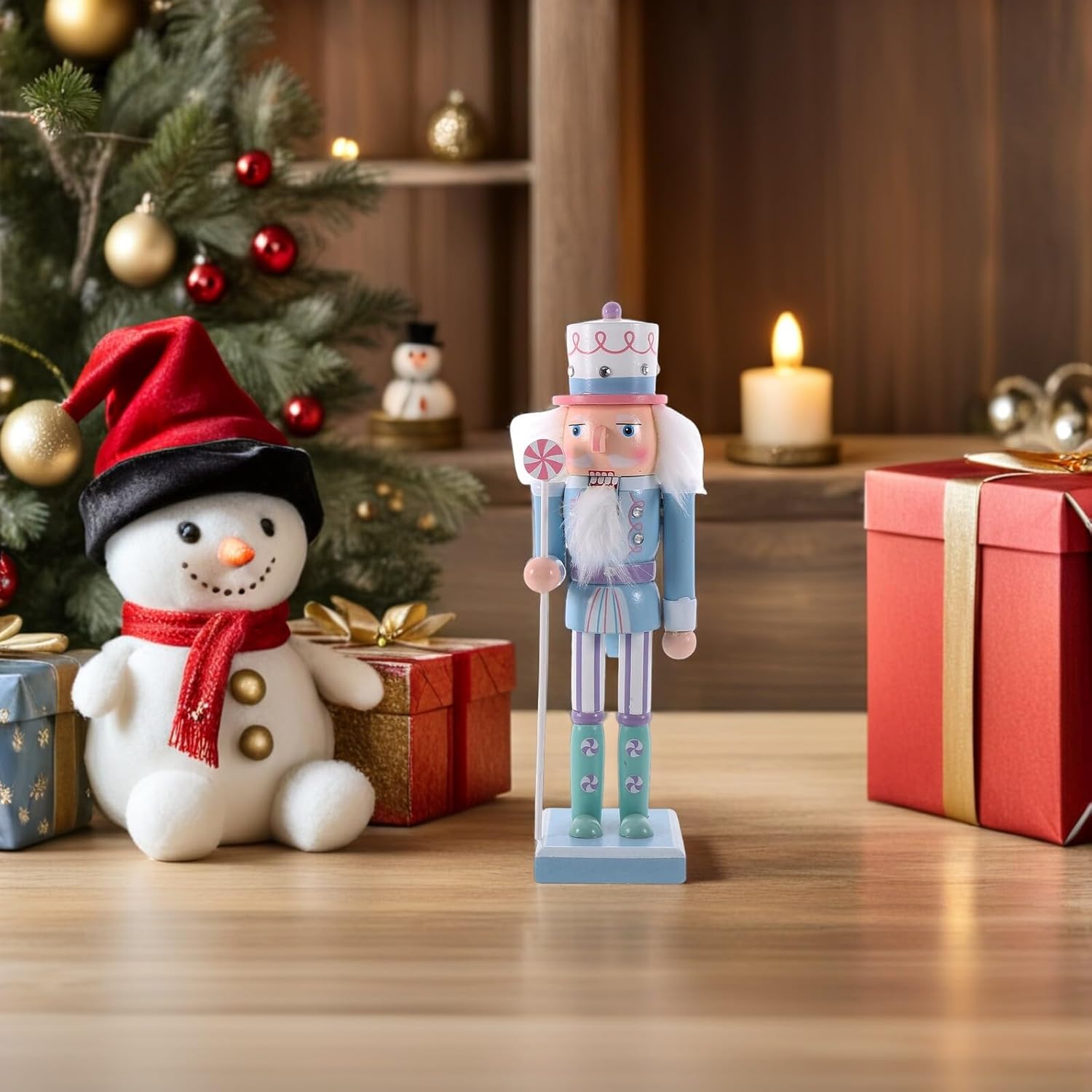 Hemoton Wooden Nutcracker Soldier Figurines 2pcs 25cm Christmas Nutcracker Decoration Light Blue Candy-Themed Xmas Tabletop Shelf Decor for Holiday Parties