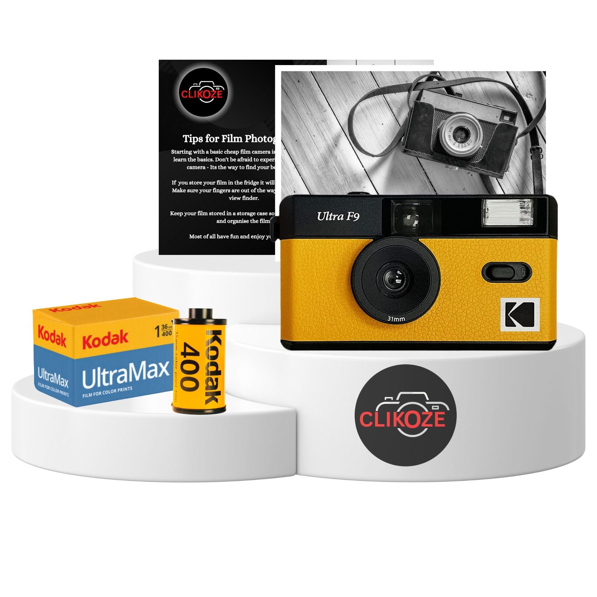 La confezione include una fotocamera a pellicola Kodak Ultra F9 gialla, una pellicola Kodak Ultramax da 35 mm, 36 esposizioni e una scheda di suggerimenti per la fotografia con pellicola Clikoze