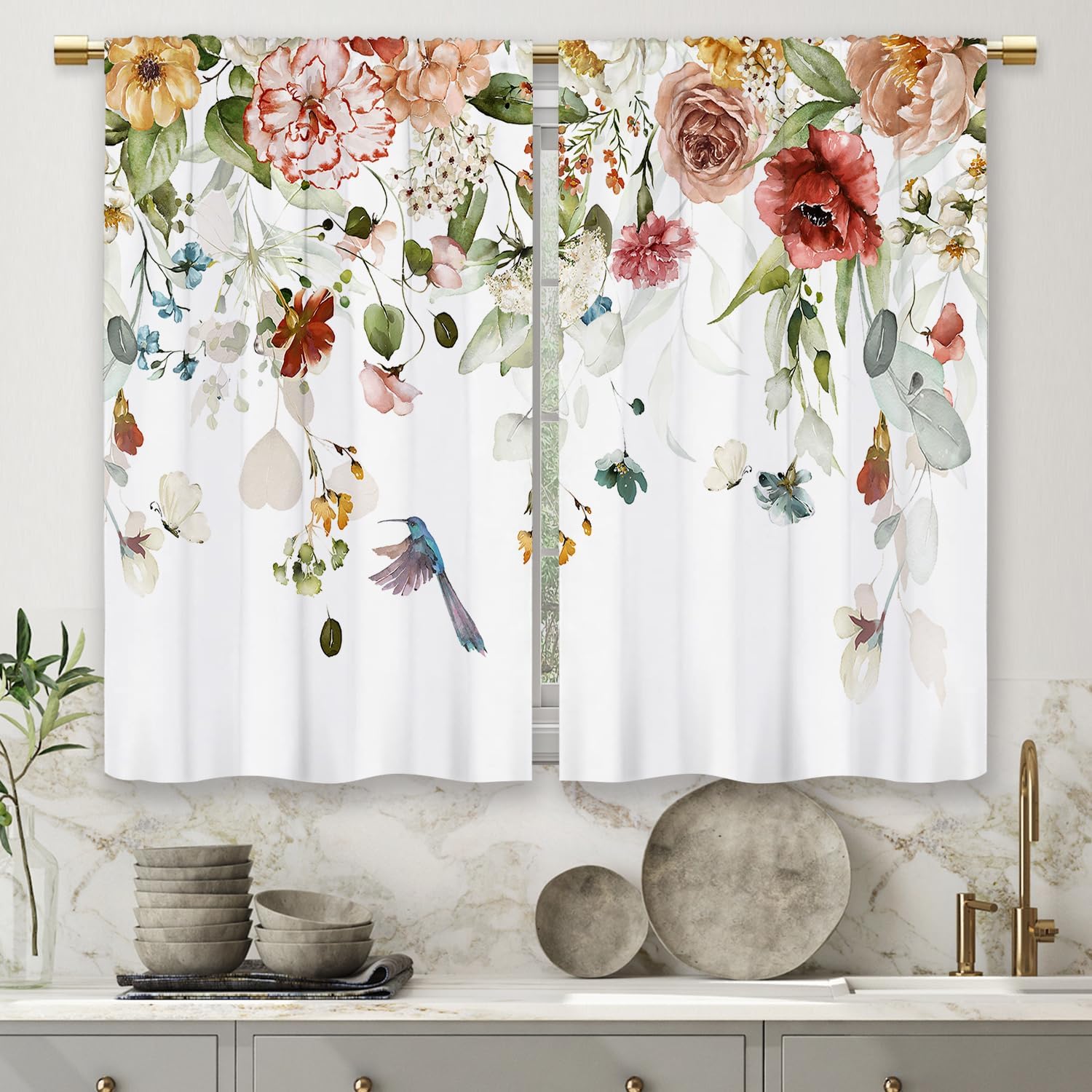 Watercolor Red Floral Kitchen Curtains Flower Plant Small Short Cafe Window Curtains Rustic Colorful Wildflower Hummingbird Blossom Spring Rod Pocket Tier Window Treatment Drapes (26x36 Inch)