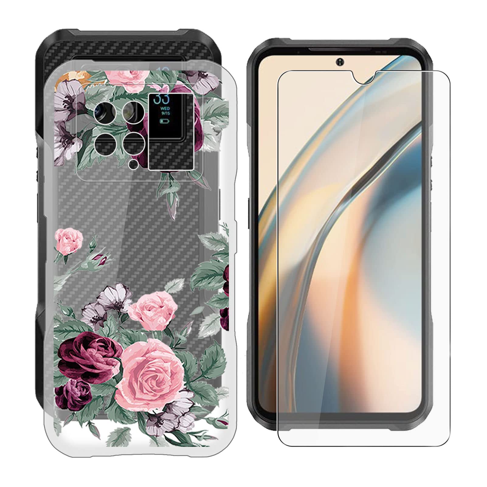 KJYF Phone Case for Doogee V20 5G (6.43"), with [1 x Tempered Glass Protective Film], [Anti-Scratch] Clear Soft TPU Ultra-Thin Case for Doogee V20 5G - Rose Flower