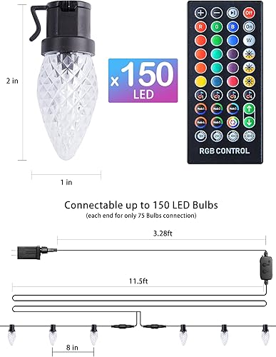 Miniatura 2 de Minetom Luces de Navidad inteligentes C9 RGB, 98 pies, 150 luces LED C9 que cambian de color con aplicación remota de sincronización de música, tira