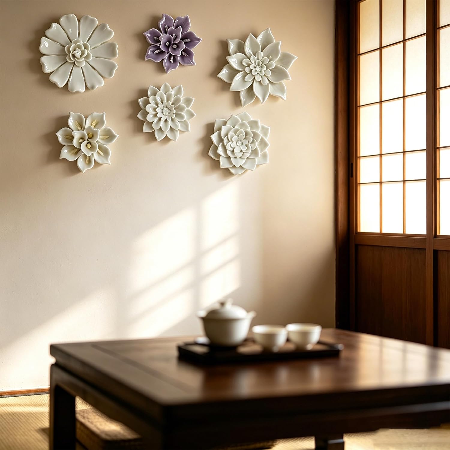 ALYCASO Ceramic Flower Wall Decor 3D Handmade Art Sculpture Modern Home Gifts for Living Room Bedroom Hallway Dining Room Outdoor Decor Lily of The Valley Purple 4.72 inch