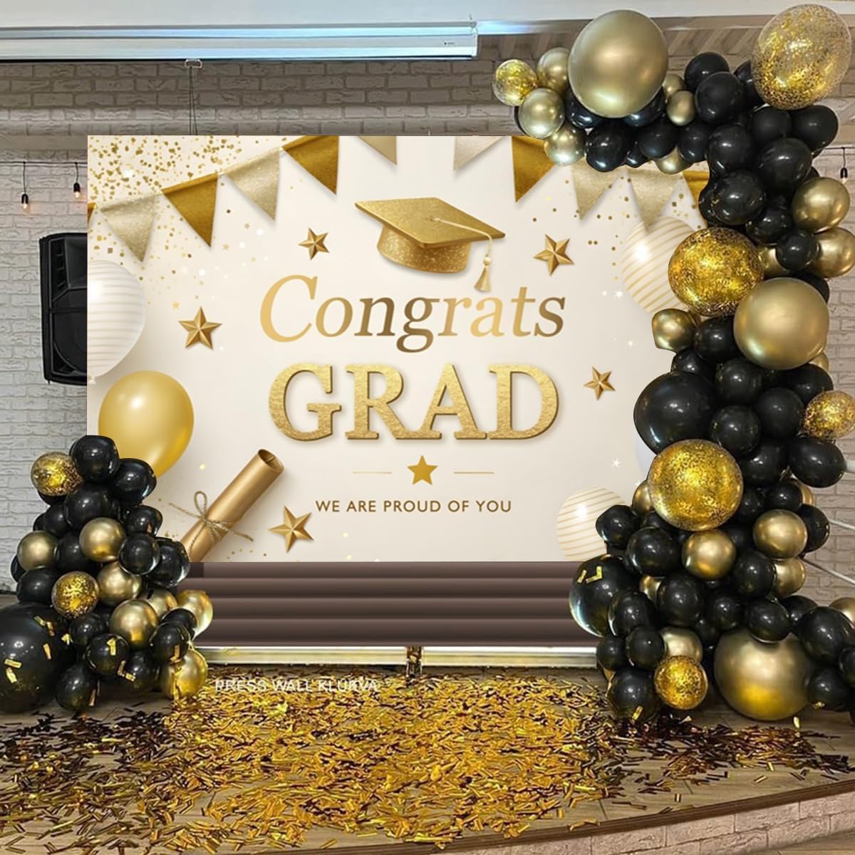 12x8ft Gold Graduation Backdrop Class of 2026 Glitter Balloons Bachelor Cap Congrats Grad Backdrops for Photoshoot Congratulations Grad Graduations Party Decorations Photography Background