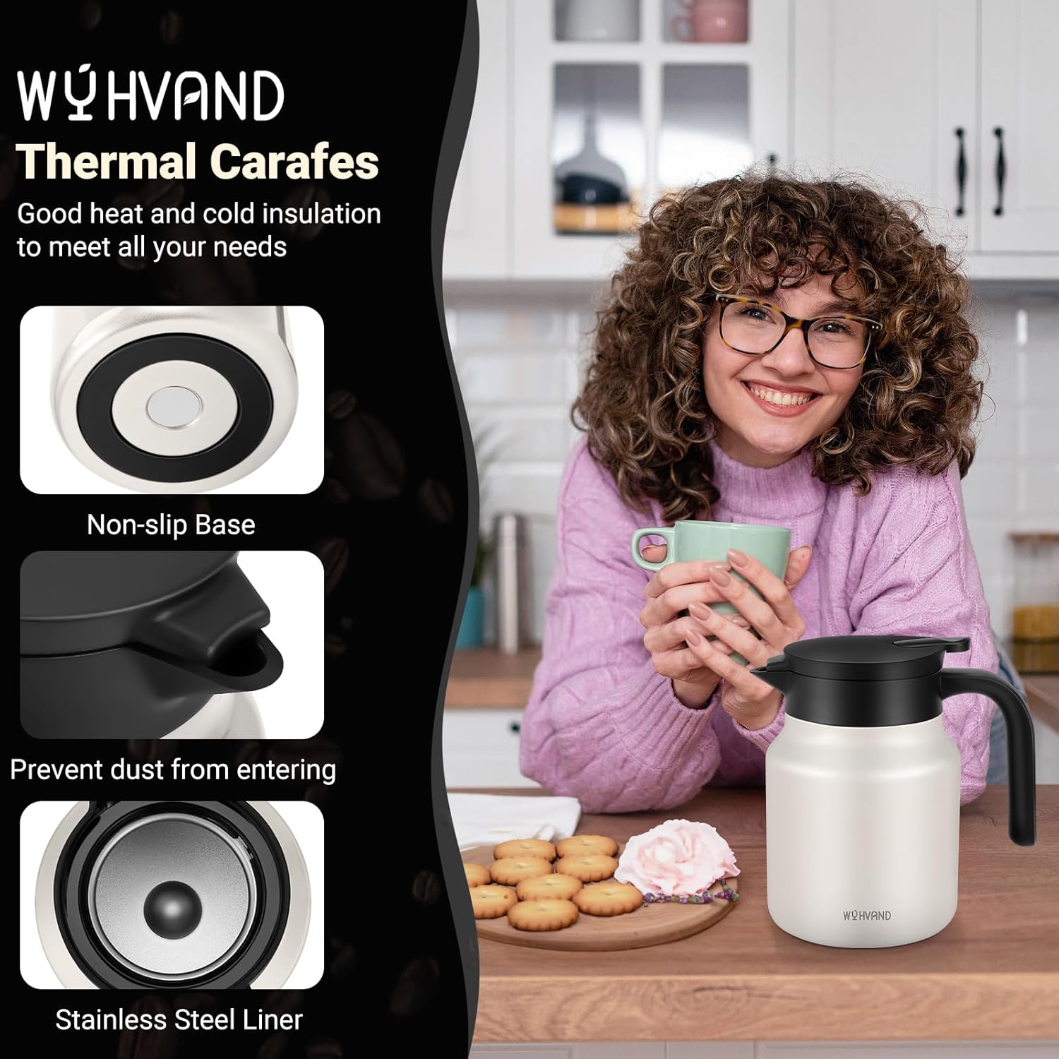 34Oz Thermal Coffee Carafes For Keeping Hot/Cold, Stainless Steel Coffee Carafe, Dustproof Insulated Water Carafe for Party/Home, Cream - Image 3