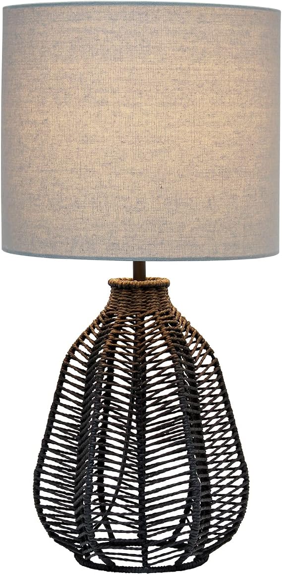 Elegant Designs LT2106-BLK 21 Tall Boho Coastal Inspired Rustic Paper Rope Rattan Wicker Look Standard Table Desk Nightstand Lamp with Light Gray Fabric Linen Shade, Black