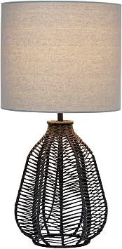 Elegant Designs LT2106-BLK 21 Tall Boho Coastal Inspired Rustic Paper Rope Rattan Wicker Look Standard Table Desk Nightstand Lamp with Light Gray Fabric Linen Shade, Black