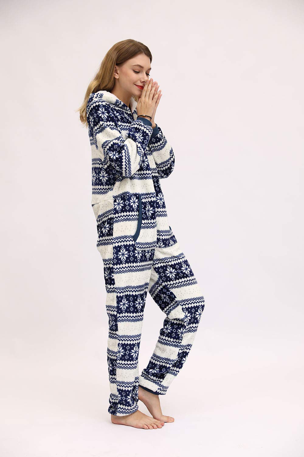 Tuta da donna per Natale, inverno, calda, tuta intera per adulti, cosplay, in pile, con cappuccio e chiusura lampo