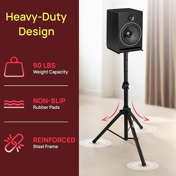 Pyle Adjustable Speaker Stand Pair Dual Studio Monitor Tripod with Metal Base, Anti-Slip Speaker Pads, Height Adjustment from 34 to 53 Ideal for Home, Studio, and DJ Use, 90 lbs Weight Capacity