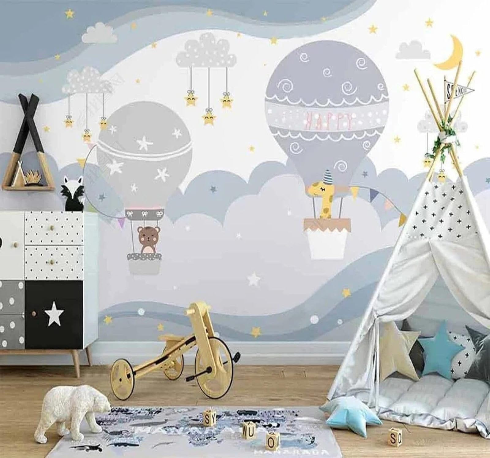 Tzxztt Hand Drawn Hot Air Balloon Sky Cartoon Animal Modern 3D Wallpaper Premium Textured Silk Neutral Tones Material Ideal for Living Room Bedroom-300cm×210cm