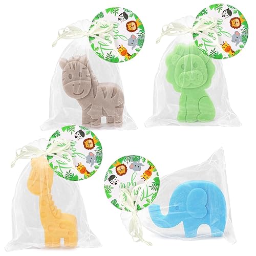 Distaratie 4 juegos de jabones de baby shower de bosque con bolsa, tarjeta de agradecimiento, forma de animal de la selva, mini jabones naturales