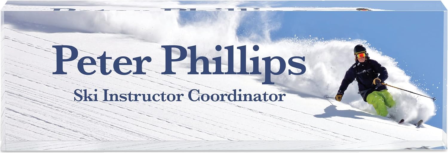 Infusion Personalized Office Desk Name Plate Acrylic Glass Block (10 x 3 x 1.25'', Skiier)
