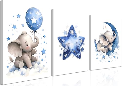 Juego de 3 lienzos de pared en lienzo para el cuarto del bebé, elefante azul, luna y estrellas, pintura para decoración de pared, bonitos pósteres