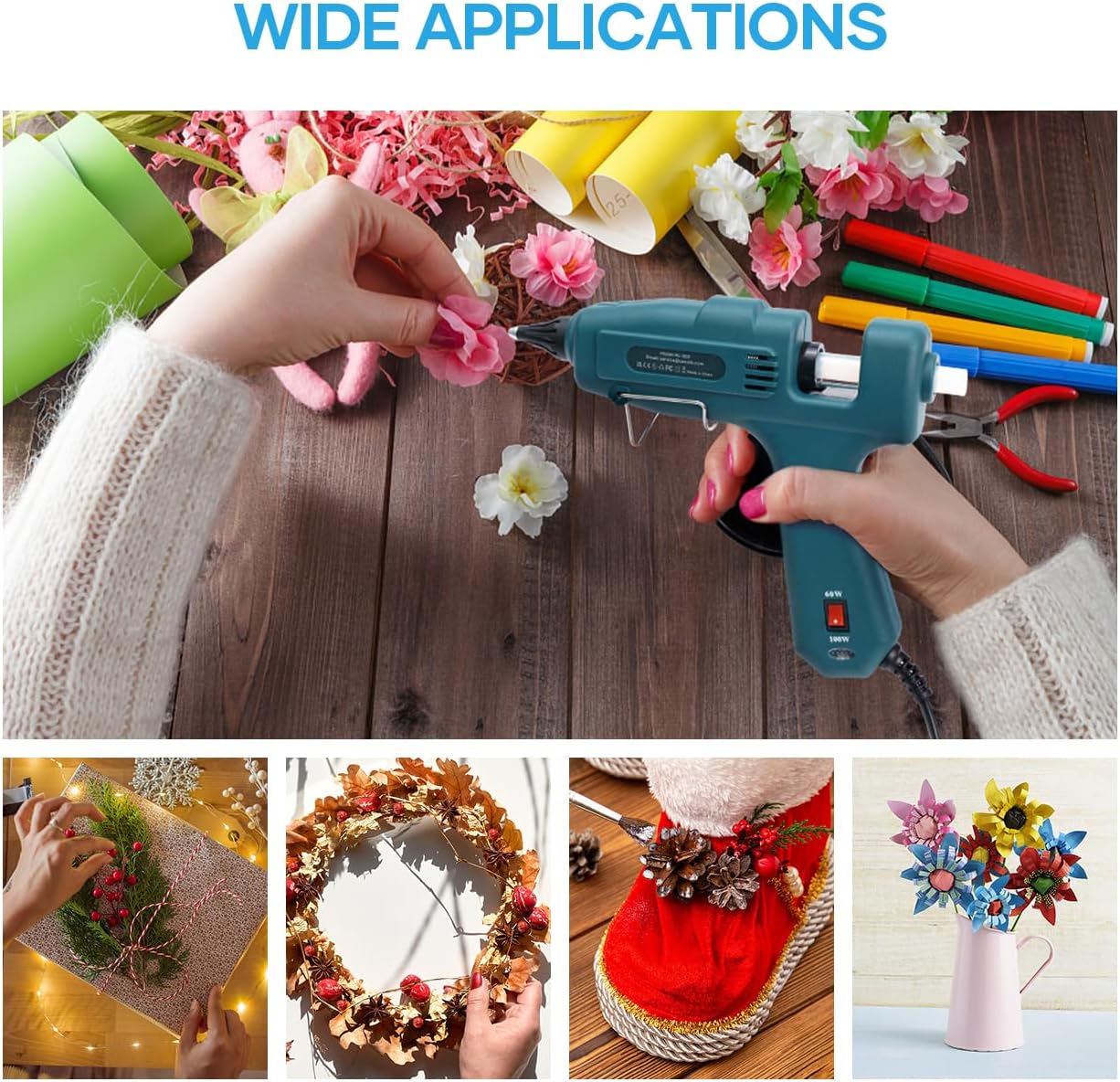 Collage of various applications for the hot glue gun including crafting, gift wrapping, wreath making, shoe decoration, and paper flowers