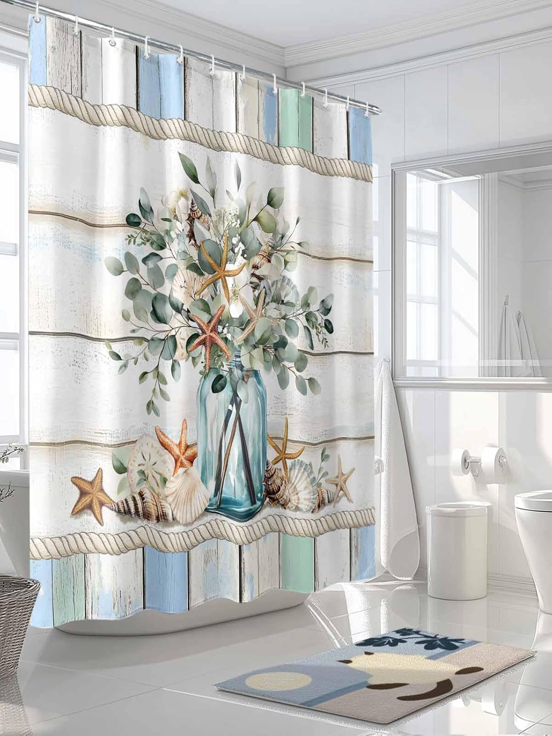 Shell Shower Curtain Eucalyptus Leaf Vase Flower Starfish Vintage Wood Texture Shower Curtains for Bathroom Polyester Waterproof Fabric Cloth Bath Curtains with Hooks Home Bathtub Decor 48x72 Inch