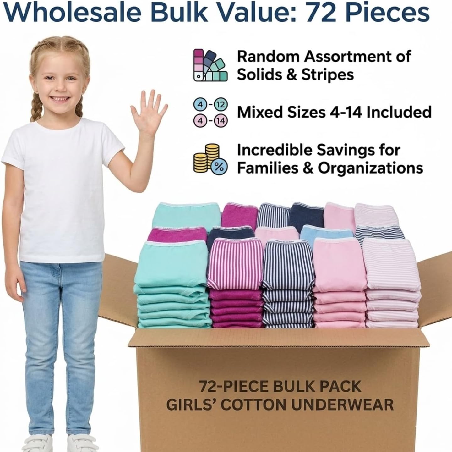 BILLIONHATS 144 & 72 Pieces of Wholesale Bulk Girls Cotton Colorful Panties Underwear Children, Mixed Assorted Sizes 4-14