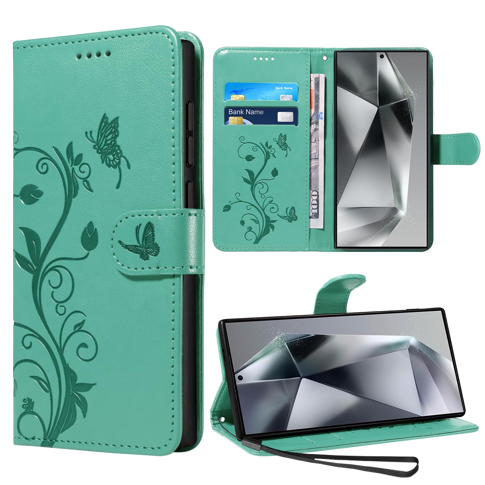 VANKI Lederhülle Kompatibel mit Samsung Galaxy S24 Ultra Hülle Flip Wallet PU Handyhülle Galaxy S24U mit Leder und Prägung Mit Ständer und 3 Kartenfächer Leder Schutzhülle für Samsung S24 Ultra (Grün)