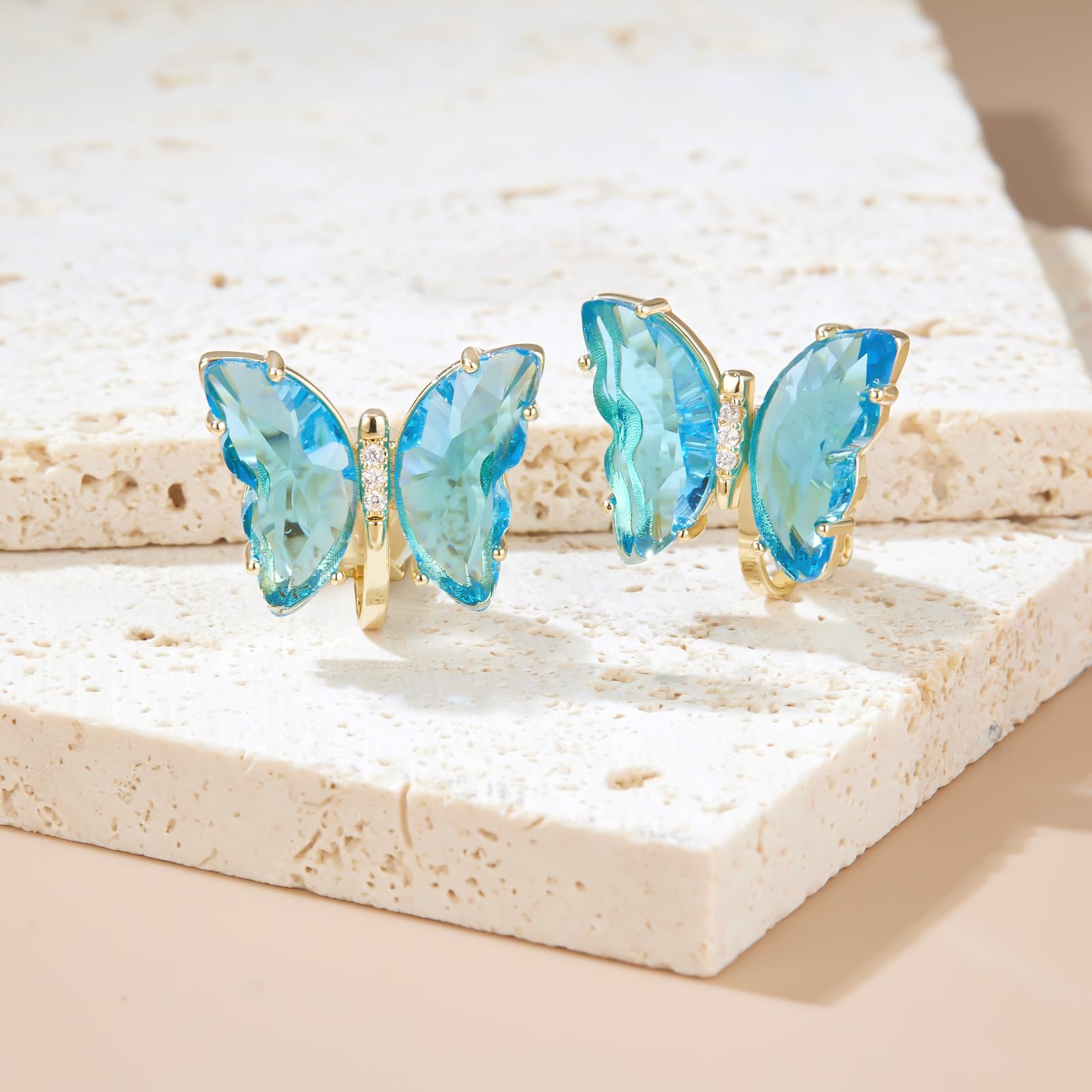 YOQUCOL Butterfly Shape Crystal Clip On Earrings Non Pierced Golden Stud for Women: Light Blue