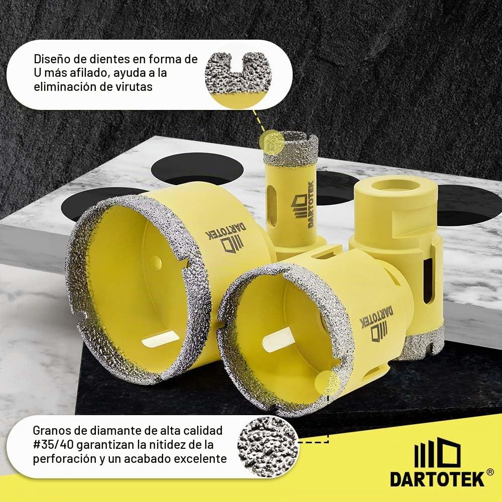 Brocas Diamantadas Juego 10-7 Coronas M14 (6/6/8/25/35/50/68mm), Fresa 10mm, Biseladora 50mm, Adaptador M14/Hexagonal para Cerámica, Mármol, Granito