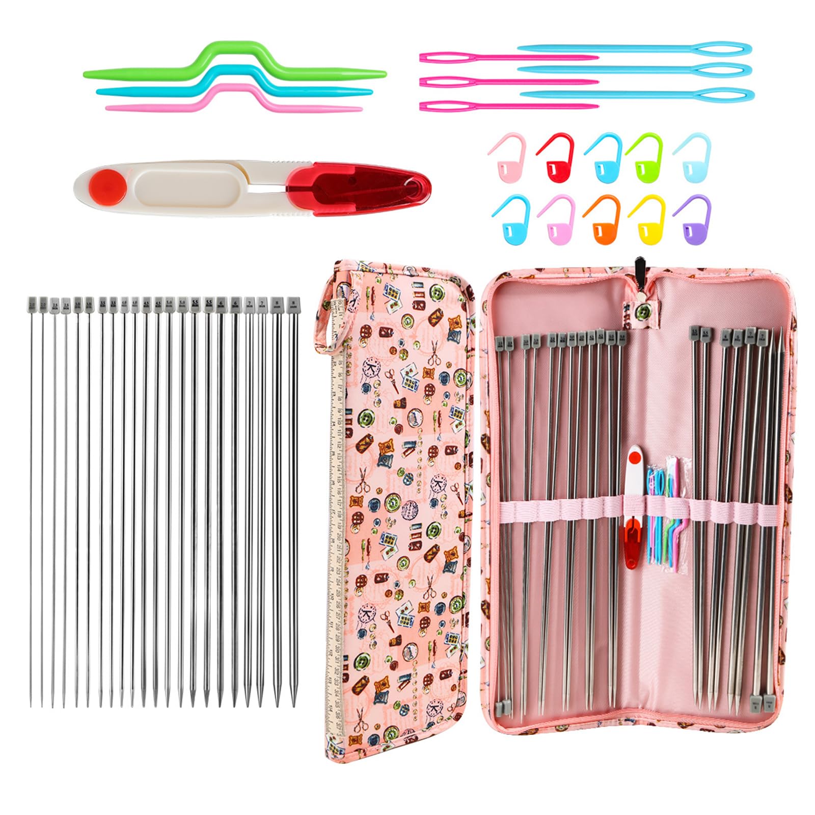 22Pcs 13.8Inch Stainless Steel Straight Knitting Needle with Accessory 2.0mm-8.0mm Sweater Set Sewing