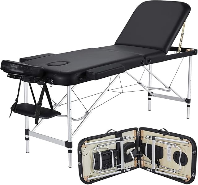 Yaheetech Massage Table Folding Facial Spa Table Beauty Bed Portable Tattoo Table Aluminum Therapy Bed 3 Sections Black