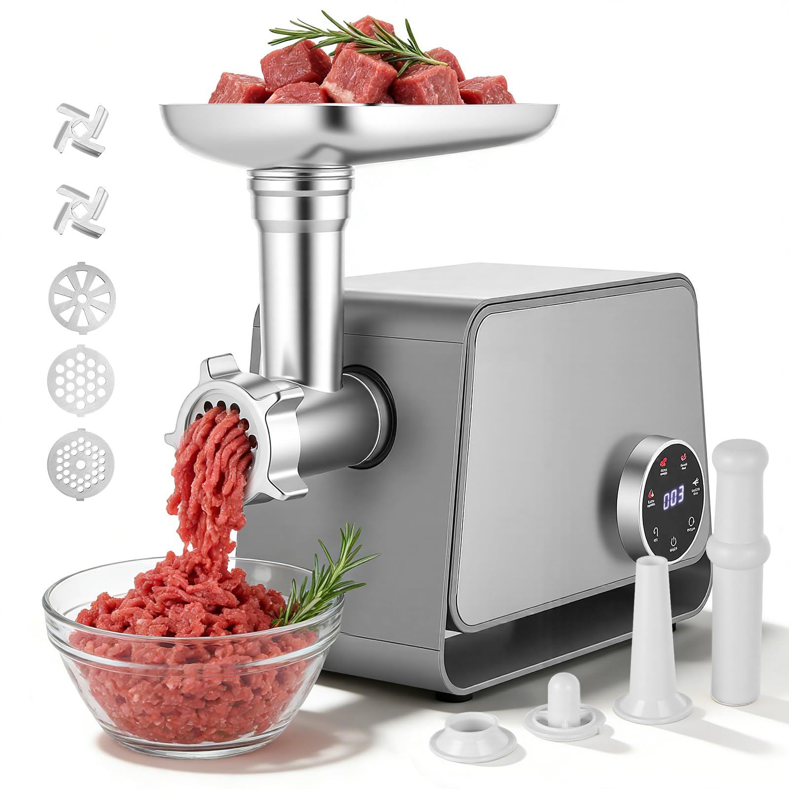 Picadora de Carne Eléctrica (3000 W) | Picadora Profesional 4 en 1 con Función de Reversa para Carne, Huesos y Embutidos | Máx. 2,5 kg/min | Piezas Aptas para Lavavajillas