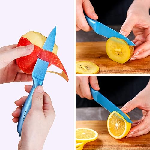 Miniatura 5 de WELLSTER - Juego de cuchillos de cocina azules con bloque, juego de 6 cuchillos universales, hoja de acero inoxidable alemán, revestimiento