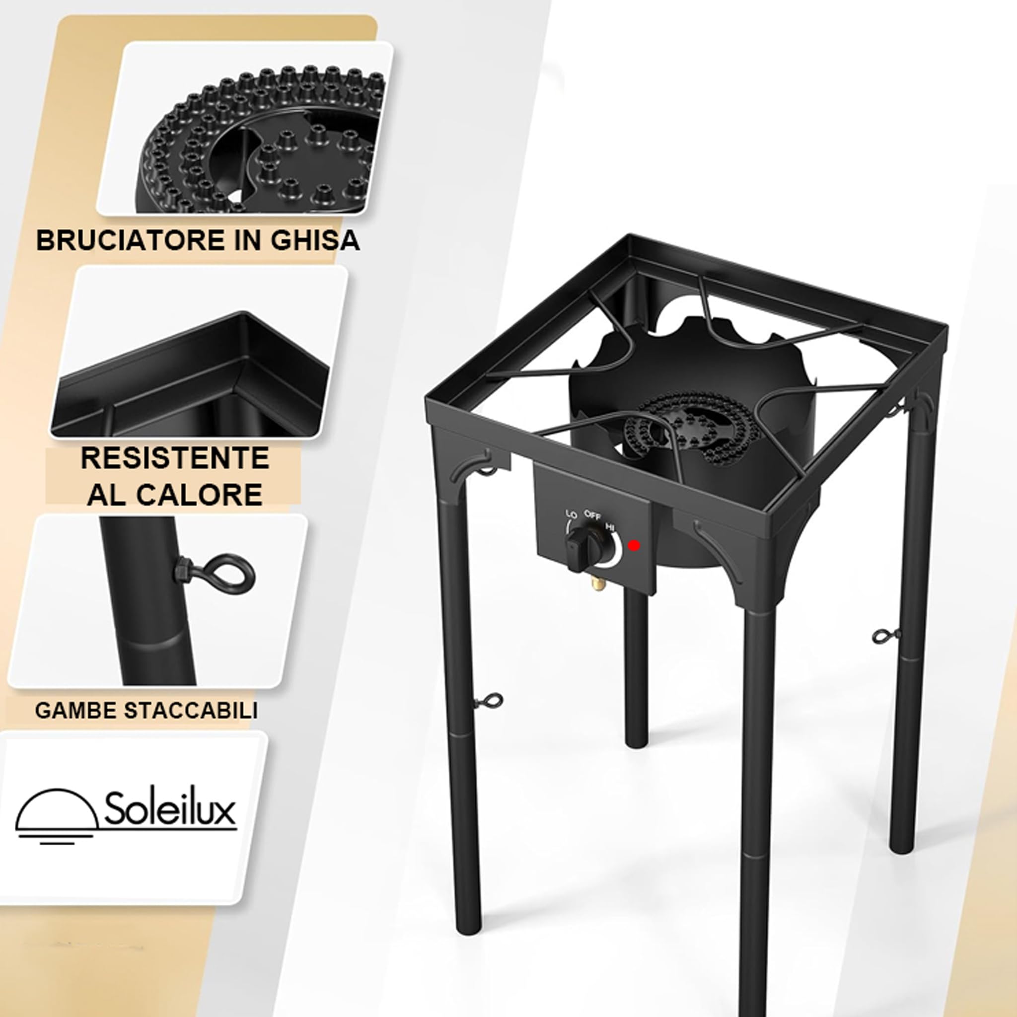 Fornellone Fornello a Gas da Campeggio e da Esterno 40x40cm 3 IN 1 Rialzato Gpl con Accensione Piezo H 81cm - NERO
