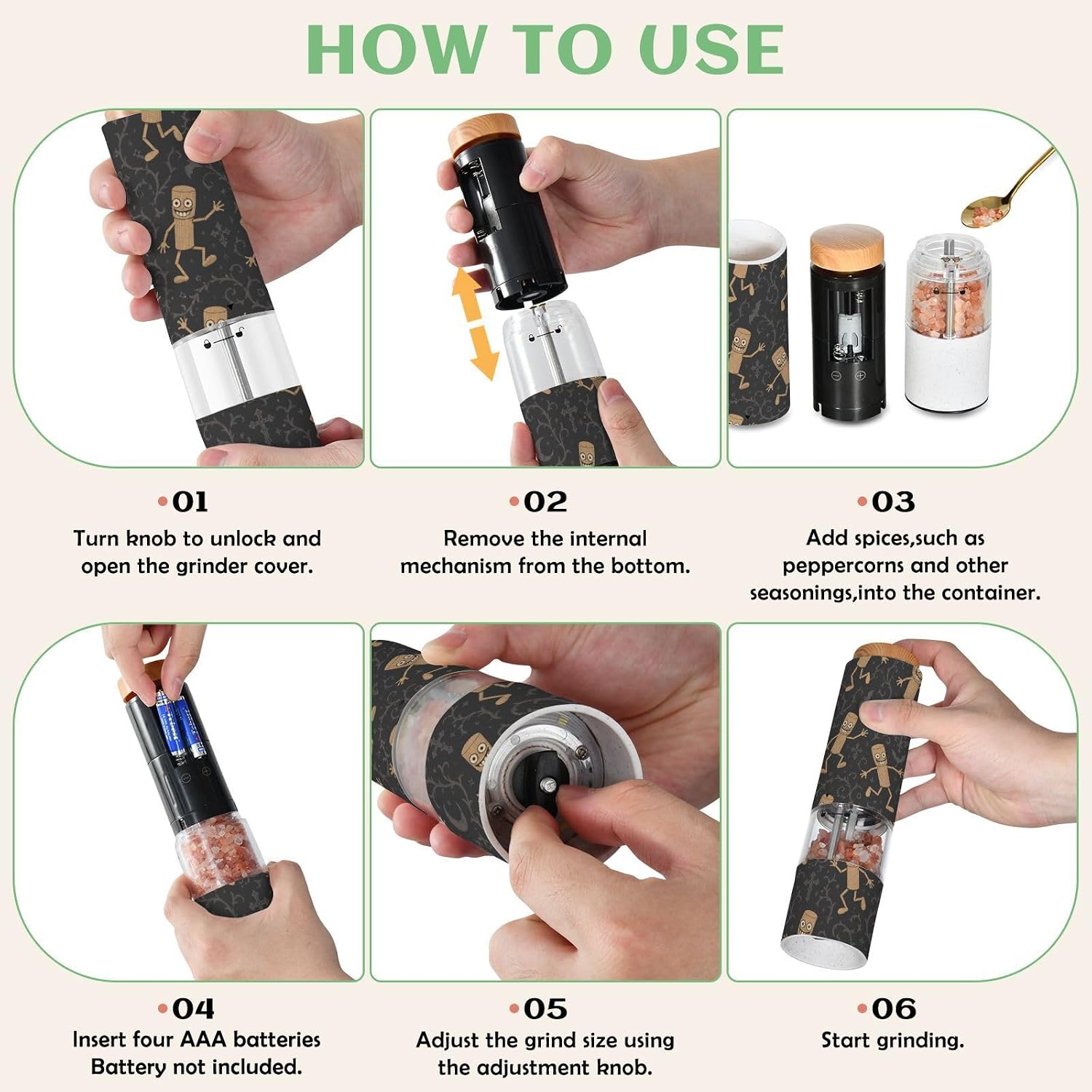 ALAZA Electric Pepper Grinder with Adjustable Coarseness, Brainrot Tung Tung Tung Sahur (10) Battery Automatic Salt and Pepper Mill with Led, One-Handed Operation Spice Grinder for Kitchen, Camping &